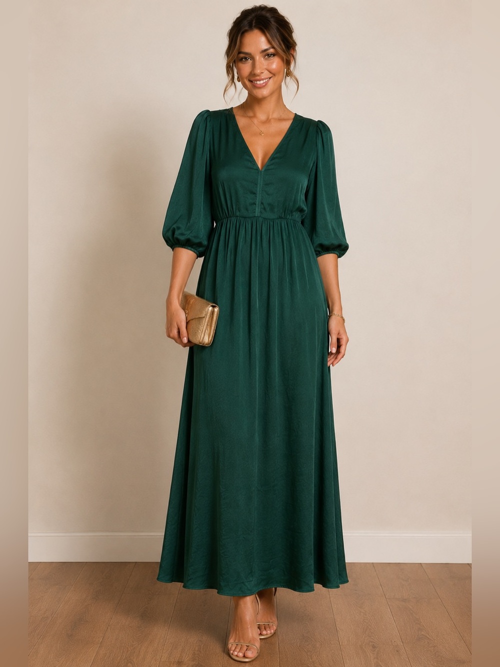 Gap Green Pine Blouson Cutout Maxi Dress XS Petite Puff Sleeve Holiday Party